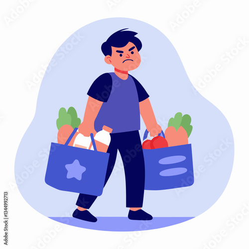 Boy carrying groceries with a frustrated expression against a simple background  