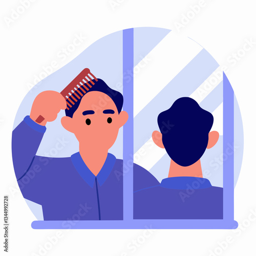 Man grooming his hair while looking in the mirror  