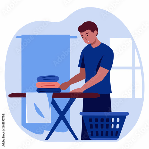 Man ironing clothes while organizing laundry at home  