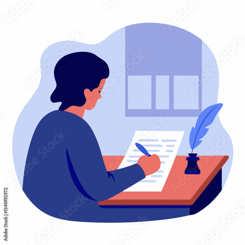 Man concentrating while writing a letter at a desk with a window  
