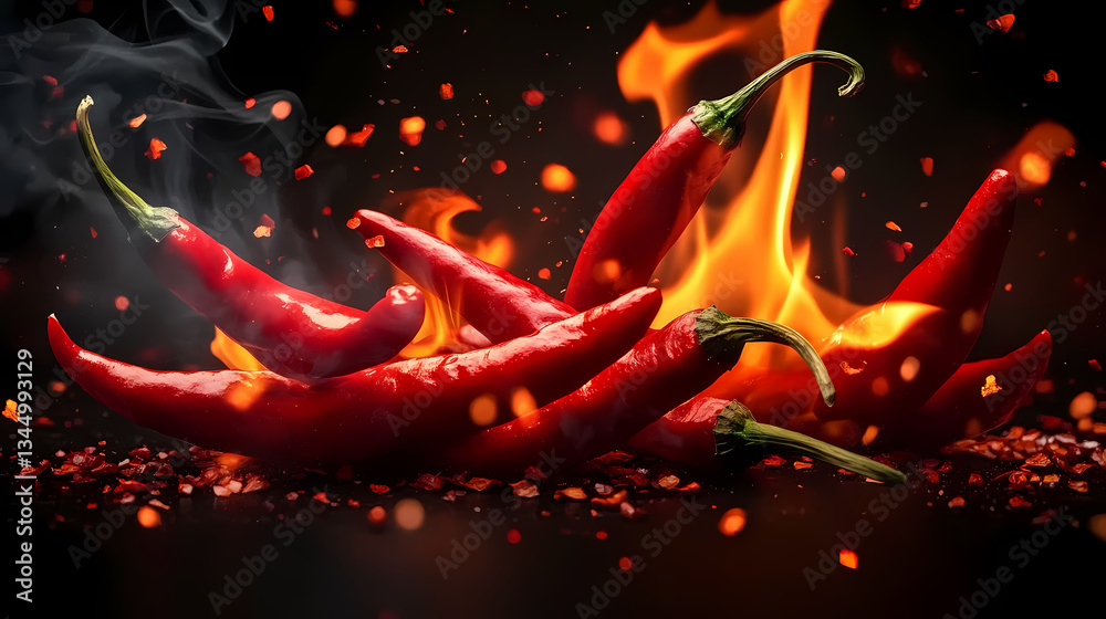 Red Hot Chili Peppers Burning in Flames Against Black Background
