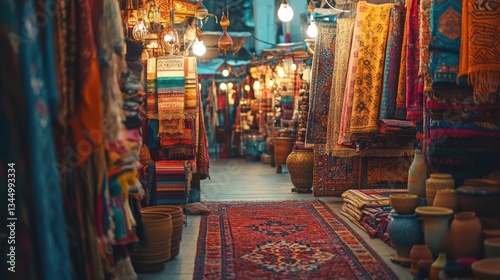A magical night market beneath elaborately decorated arches, the warm glow of lanterns reflecting off golden