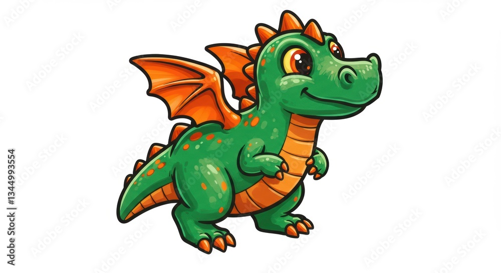 Cute cartoon baby dragon with orange wings and spikes on white background Cute cartoon baby dragon with orange wings and spikes on white background