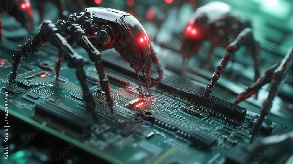Fototapeta premium Robotic insects repair circuit board; futuristic tech background; illustration for tech articles