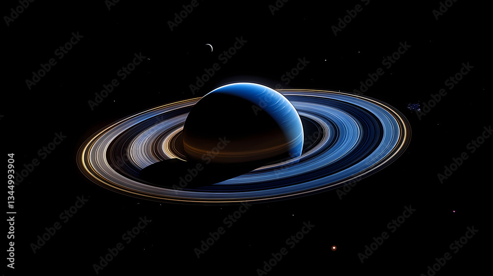 Saturn with Blue Rings and Dark Background in Cosmic Setting