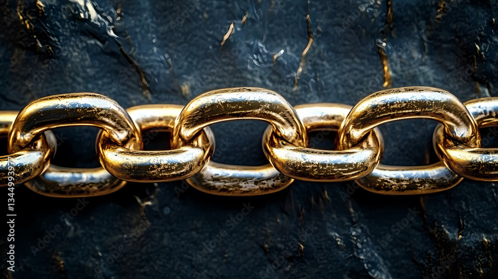 Close-Up of Golden Chain with Glossy Reflection on Dark Background
