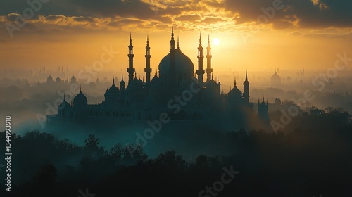 A majestic mosque with towering minarets, captured in the quiet stillness of the morning