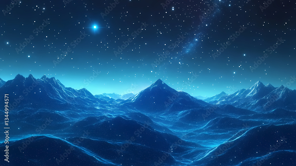 Stars and Mountain Peaks Under a Dark Blue Sky with Bright Star