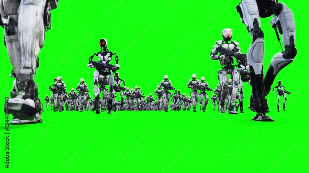 a crowd of walking robots with weapons. green screen. Apocalyptic concept a crowd of walking robots with weapons. green screen. Apocalyptic concept
