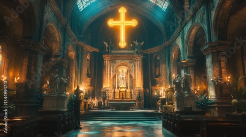 A magnificent Renaissance-style church, its grand entrance flanked by statues of saints, a glowing cross