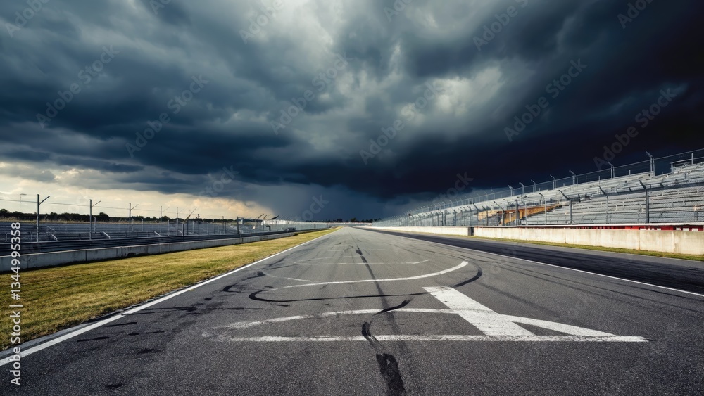 Fototapeta premium A dramatic, empty race track under ominous storm clouds.