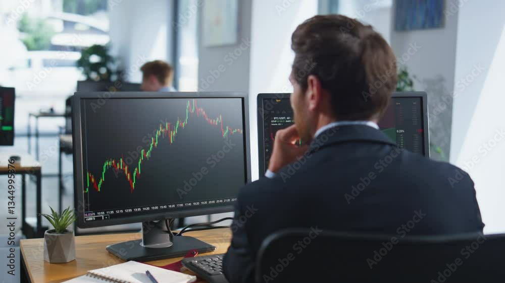 Stock trader looking monitors analyzing currency market charts in office closeup