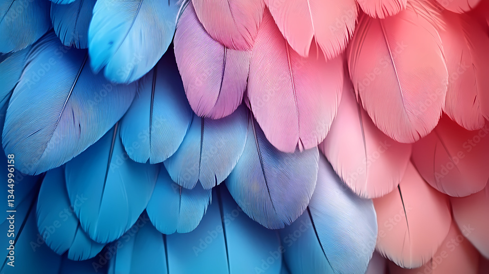 Close-Up of Blue and Pink Gradient Feathers in Abstract Pattern