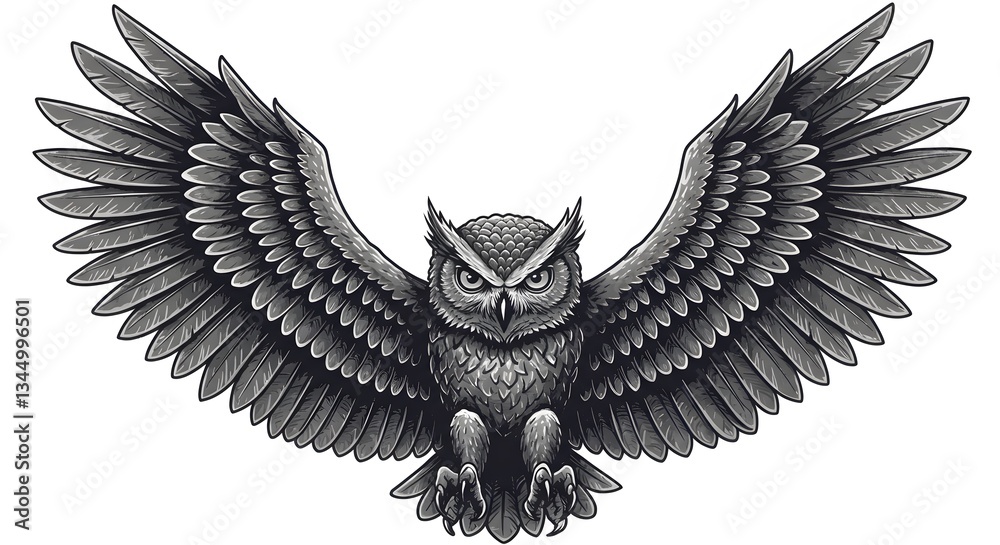 Fototapeta premium Majestic Great Horned Owl in Flight: A Striking Black and White Illustration