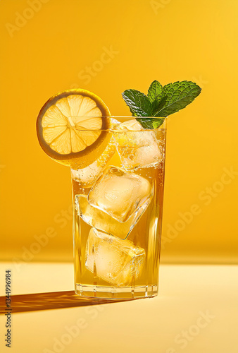 Refreshing glass of classic lemonade with lemon slices and mint on yellow. Summer drinks.