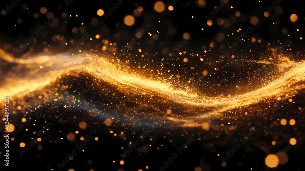 Golden Light Particles Creating Flowing Wave Effect on Black Background
