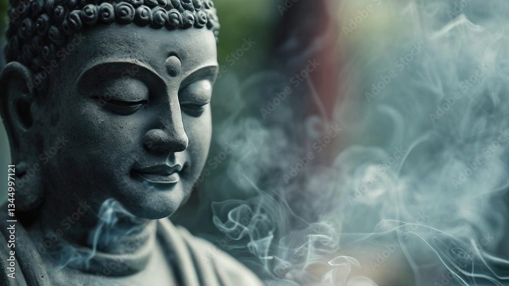 Serene Buddha statue, incense smoke, garden background; meditation, mindfulness concept