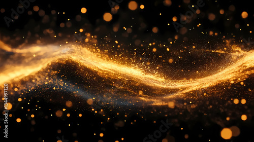 Golden Light Particles Creating Flowing Wave Effect on Black Background