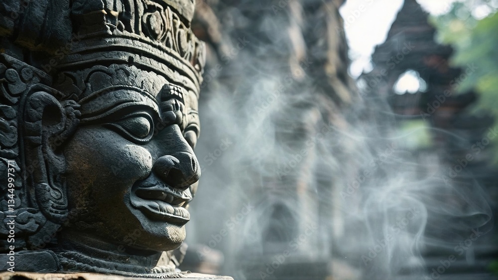 Obraz premium Ancient stone face, temple incense, Southeast Asia, spiritual serenity. Use travel, culture