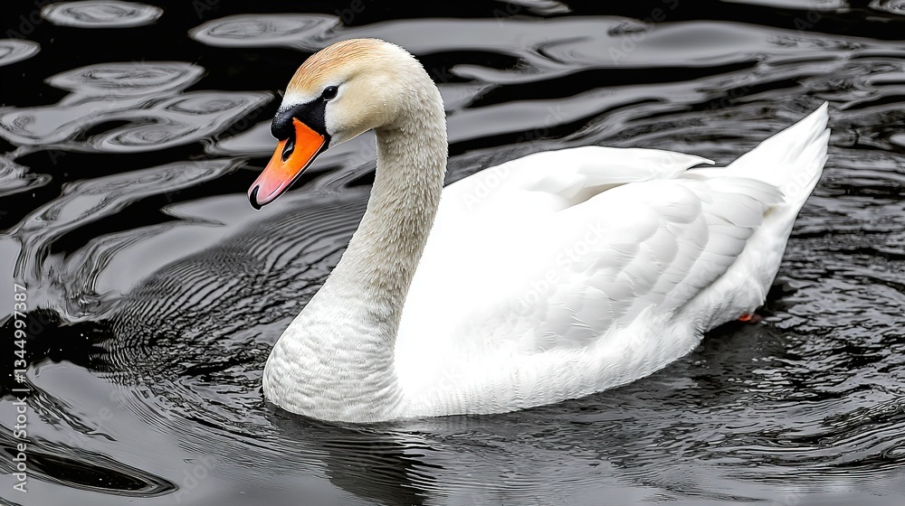 Naklejka premium White swan floats on top of black-red object mid-water
