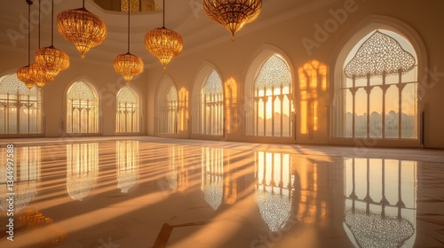 A peaceful prayer room in a mosque, captured in the serene morning light