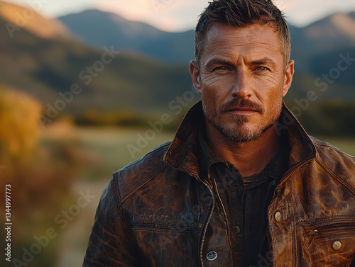 Rugged man in leather jacket exudes confidence in golden hour light against a mountain backdrop