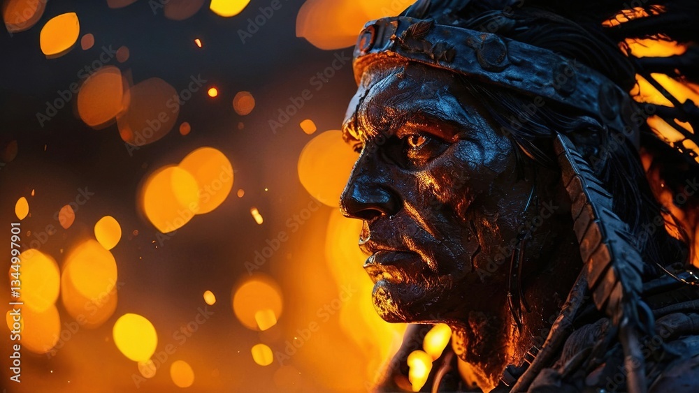 Native American warrior, firelight, serious expression, night