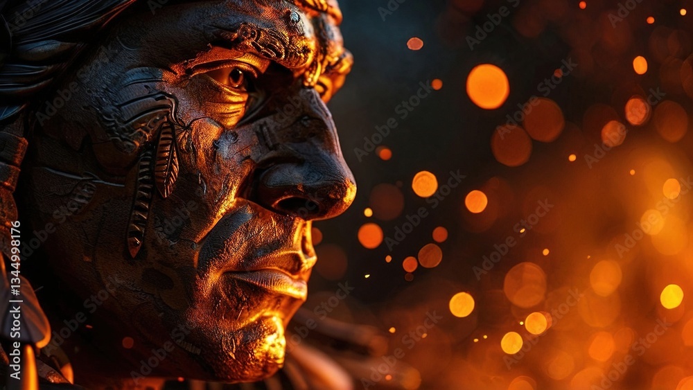 Native American statue, fire background, cultural heritage, history lesson