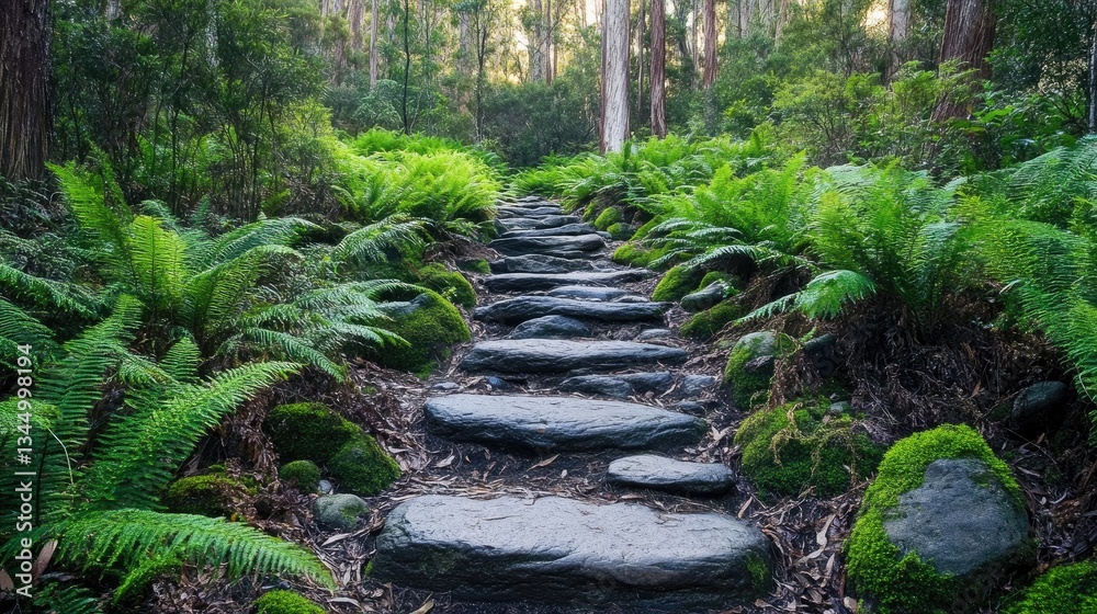 Fototapeta premium Serene Stone Path Through Lush Green Ferns in a Tranquil Forest Setting Surrounded by Nature's Beauty