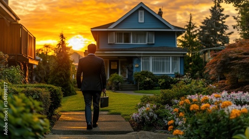 A realtor with a modern briefcase, dressed in a sophisticated black suit, standing in front of a charming house with blooming flowers