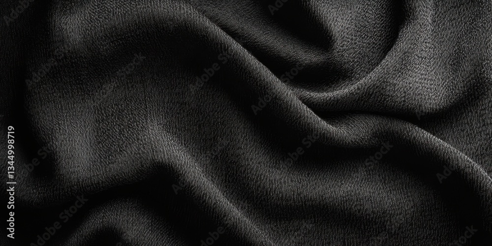 Fototapeta premium Textured Elegance: A dark, draped textile exhibits rich texture and flowing folds, showcasing the subtle interplay of light and shadow.