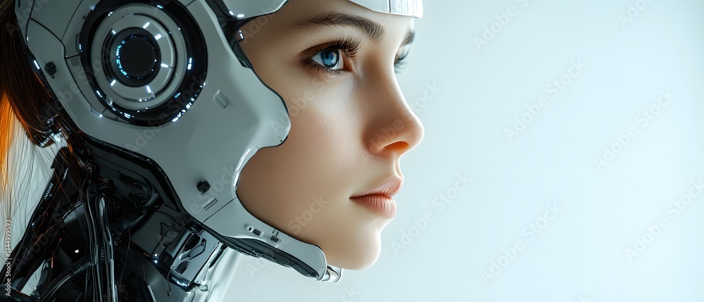 Portrait of a man-robot hybrid, blending organic and mechanical elements. This futuristic image embodies the fusion of technology and humanity, ideal for cyberpunk media, AI, and biomechanics topics. Portrait of a man-robot hybrid, blending organic and mechanical elements. This futuristic image embodies the fusion of technology and humanity, ideal for cyberpunk media, AI, and biomechanics topics.