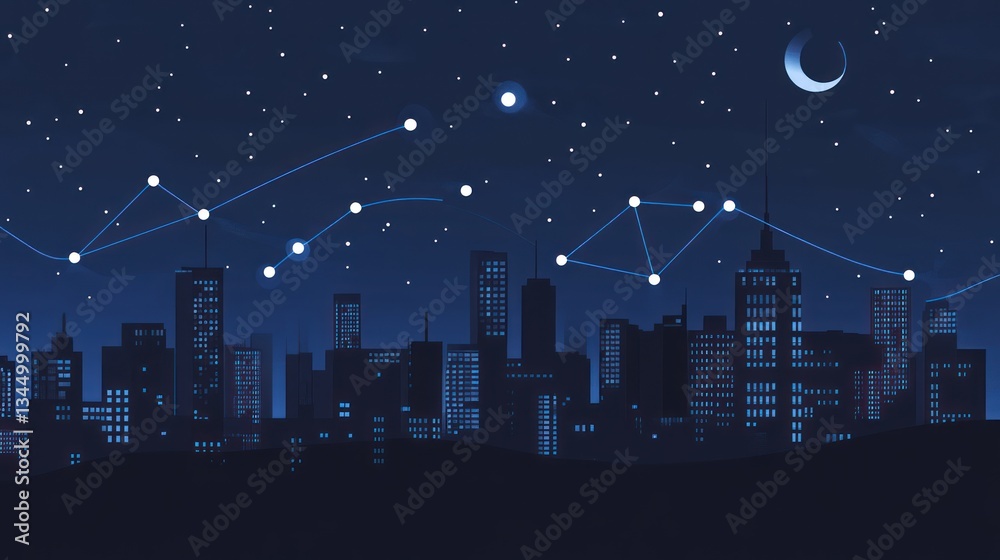 Fototapeta premium Night city skyline with starry sky and graph. Stock photo for business, investment, or financial concepts