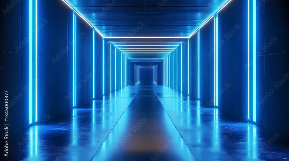 Blue Neon Lights Illuminating Dark Tunnel