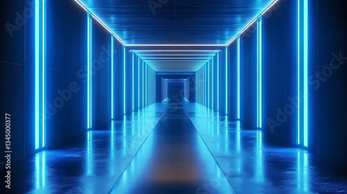 Obraz na płótnie Blue Neon Lights Illuminating Dark Tunnel w salonie