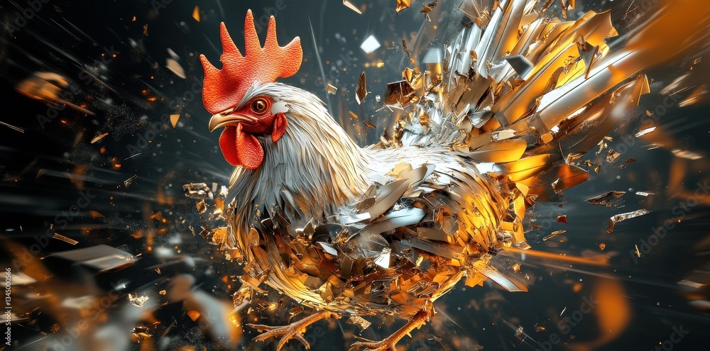 Fototapeta premium A stylized rooster with fragmented metallic elements on dark background