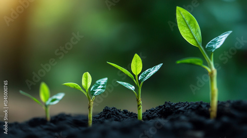 Growth of young plants emerging from rich soil, symbolizing renewal and sustainability in nature