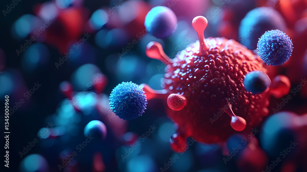 3D Render of Virus Cells with Red and Blue Tones