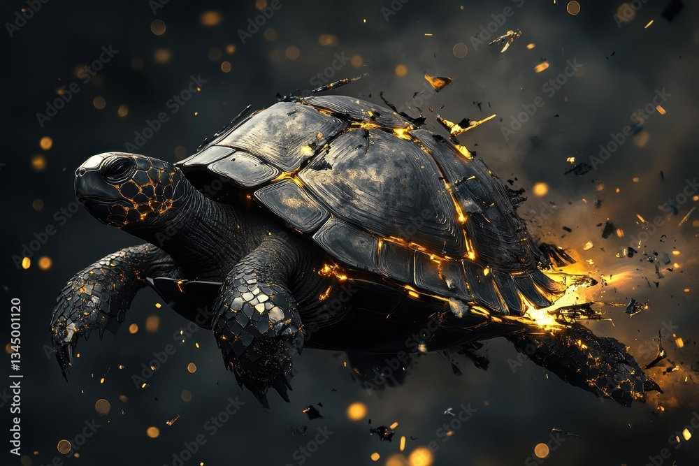 A detailed artistic representation of a glowing turtle emerging into darkness A detailed artistic representation of a glowing turtle emerging into darkness