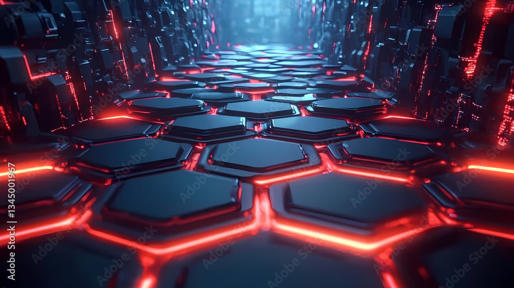 Hexagonal Honeycomb Surface with Red and Blue Lava Flow