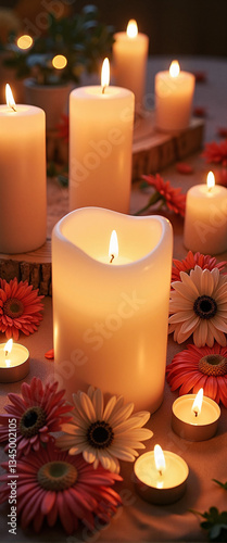 Tranquil candles illuminating floral arrangement on a wooden table  