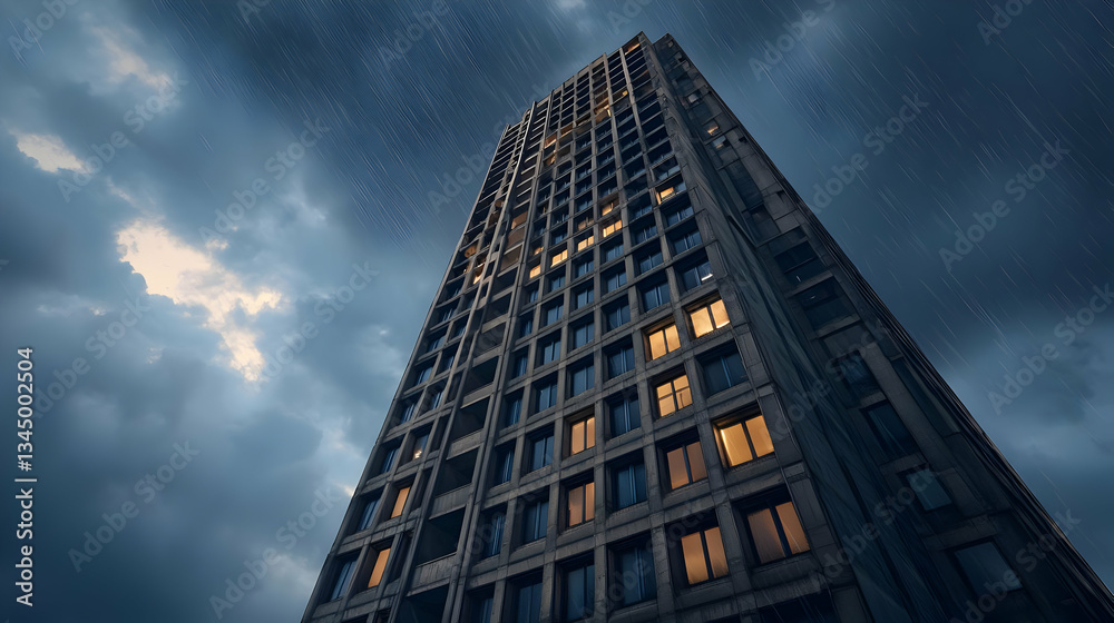 Obraz premium Modern Skyscraper At Night Under Cloudy Sky
