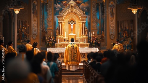 A traditional Latin Catholic mass, the priest wearing golden vestments, the congregation kneeling in deep reverence.