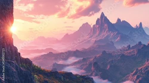A tranquil sunrise over a towering mountain range, soft pastel sky, gentle morning mist, warm light illuminating the rugged peaks