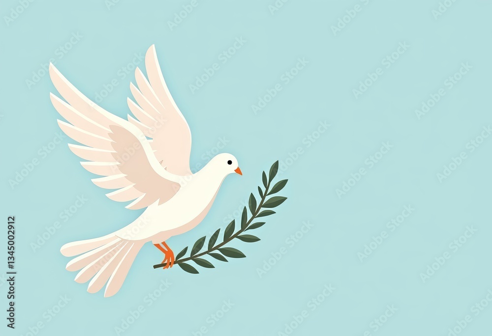 Dove flying with olive branch in soft blue sky, symbol of peace Dove flying with olive branch in soft blue sky, symbol of peace