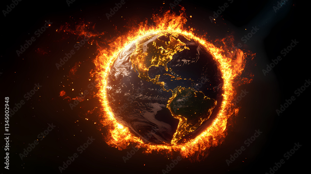 Earth on Fire in Space with Black and Brown Background