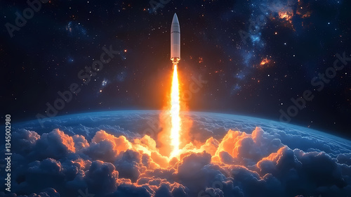 Rocket Launch with Flames and Smoke Against Space Background