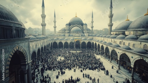 A vast mosque courtyard filled with worshippers, others walking towards the prayer hall, grand domes and minarets in the background.
