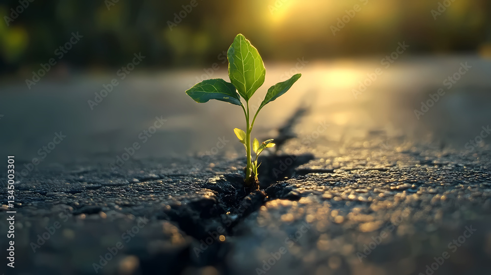 Green Plant Growing from Asphalt Crack with Sunlight