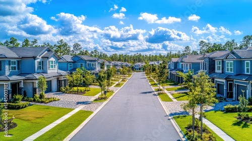 Aerial view of a brand-new townhouse community with modern urban design, tree-lined streets.
